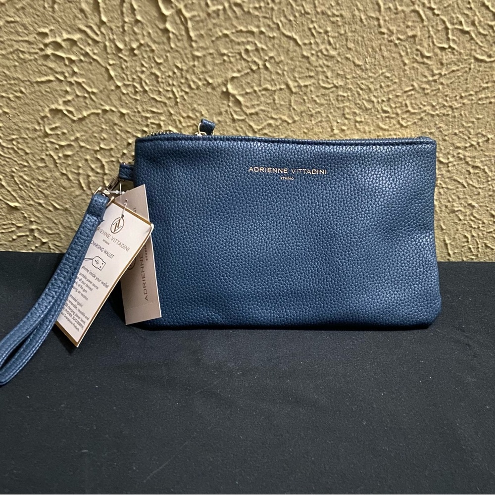 Adrienne Vittadini Blue Pebbled Wristlet Clutch with Gold Logo
